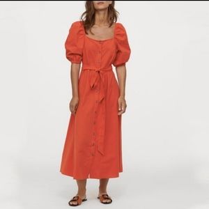 H&M Red Puff Sleeve Button Down Tie Dress